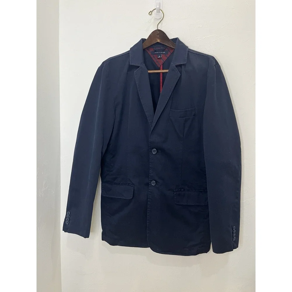 Tommy Hilfiger Men's Two Button Sport Coat Blazer Jacket Wool Navy Blue Size 42L
